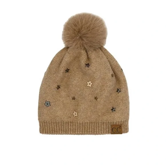 NWT C.C Pom Pom Tan Hat With Stars - Picture 6 of 8